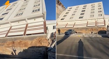 Depremde camları kırılmayan bina, temeliyle yan yattı!